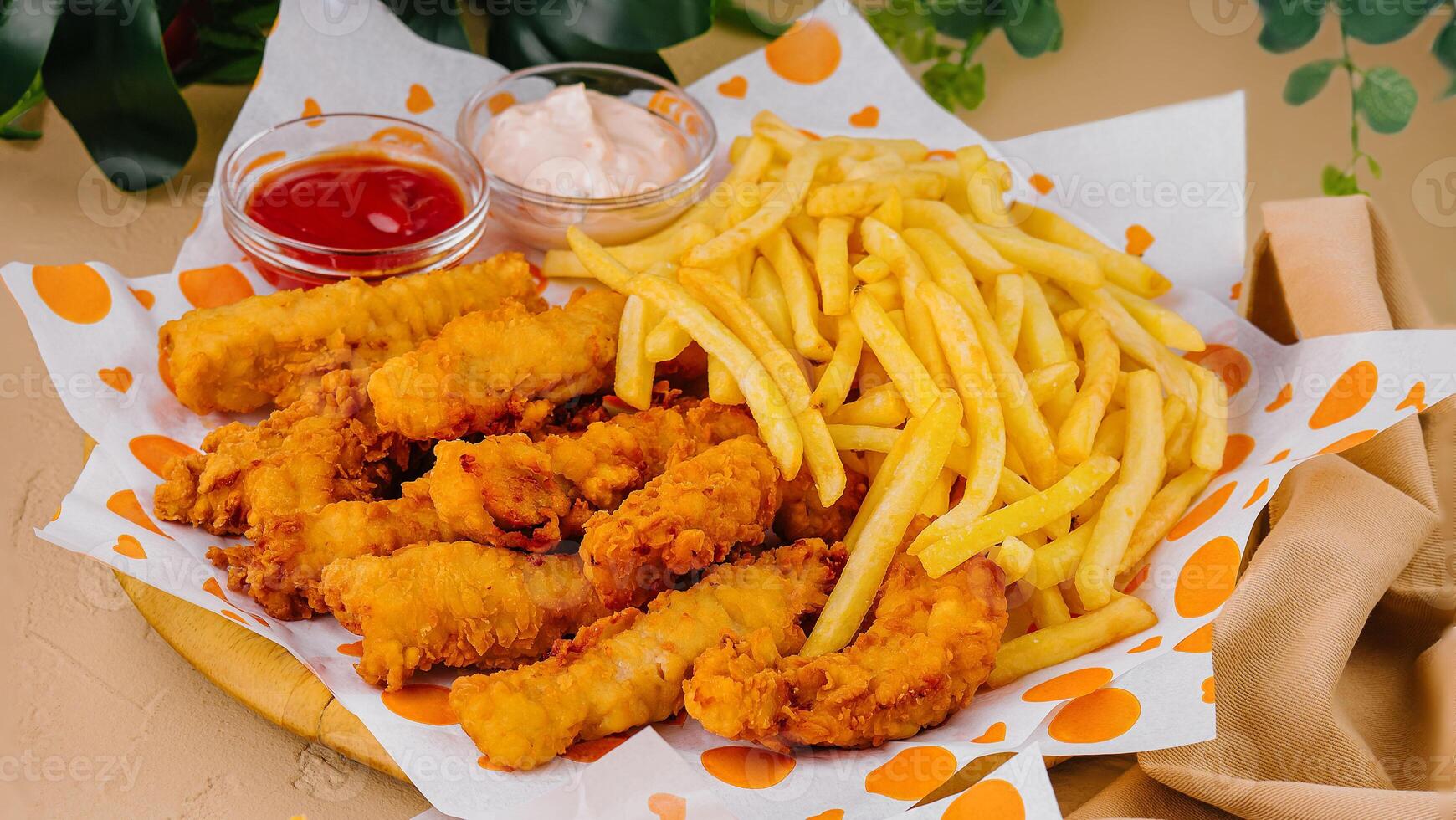 francês fritas com frango pepitas e molhos foto