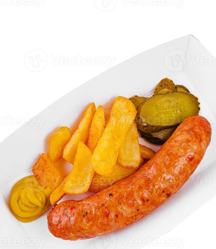 frito linguiça com batatas e mostarda topo Visão foto