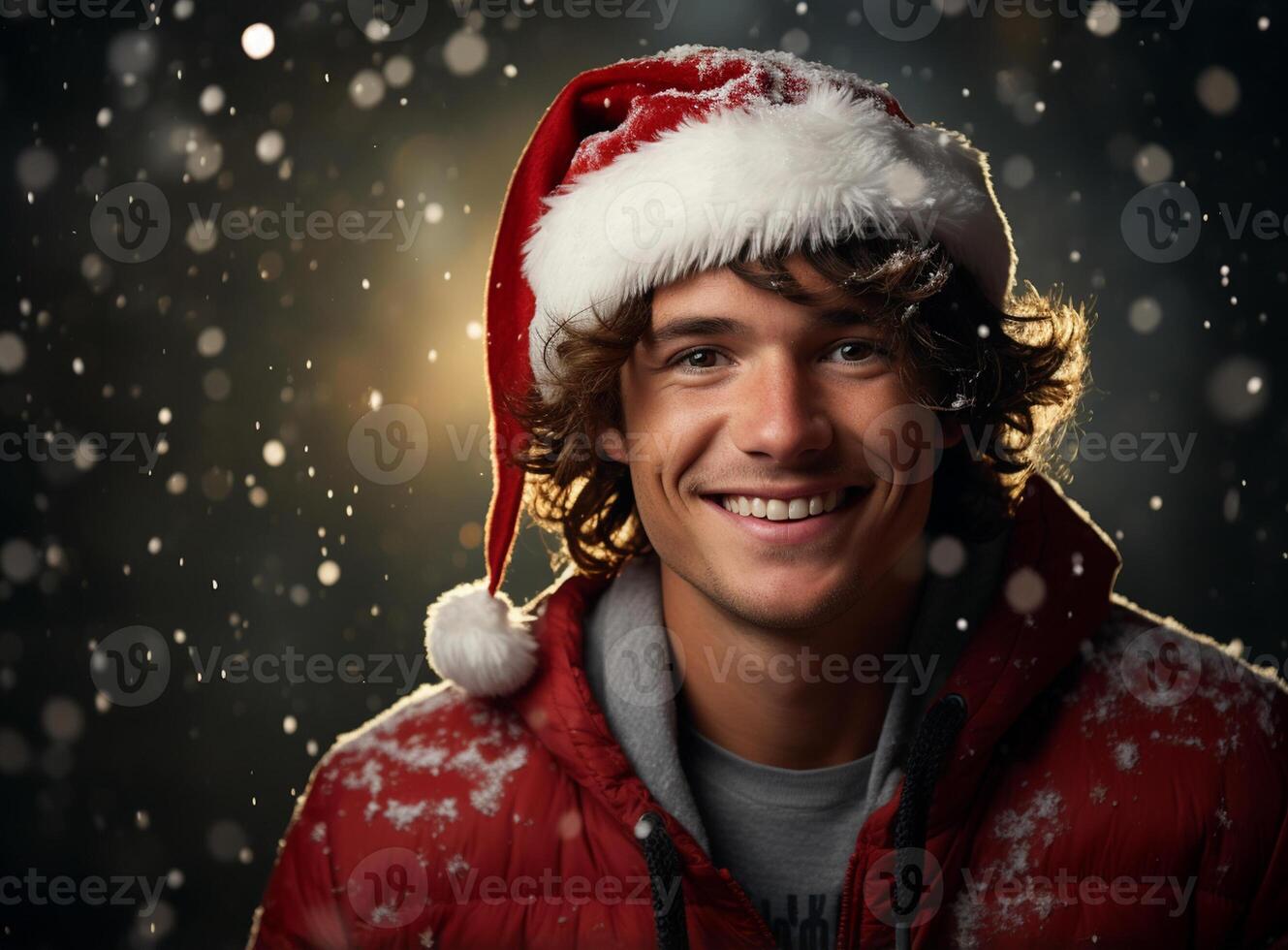 ai gerado Novo ano e Natal celebração. retrato do uma sorridente bonito jovem homem dentro uma vermelho papai noel boné dentro uma luxo Natal sala. foto