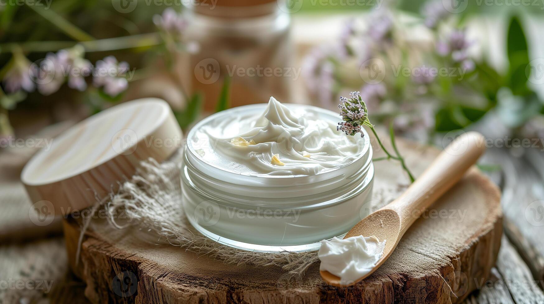 ai gerado Cosmético creme dentro uma vidro jarra e uma de madeira espátula em uma fundo do flores silvestres. eco conceito. fotorrealista natureza fundo com bokeh efeito. ai gerado. foto