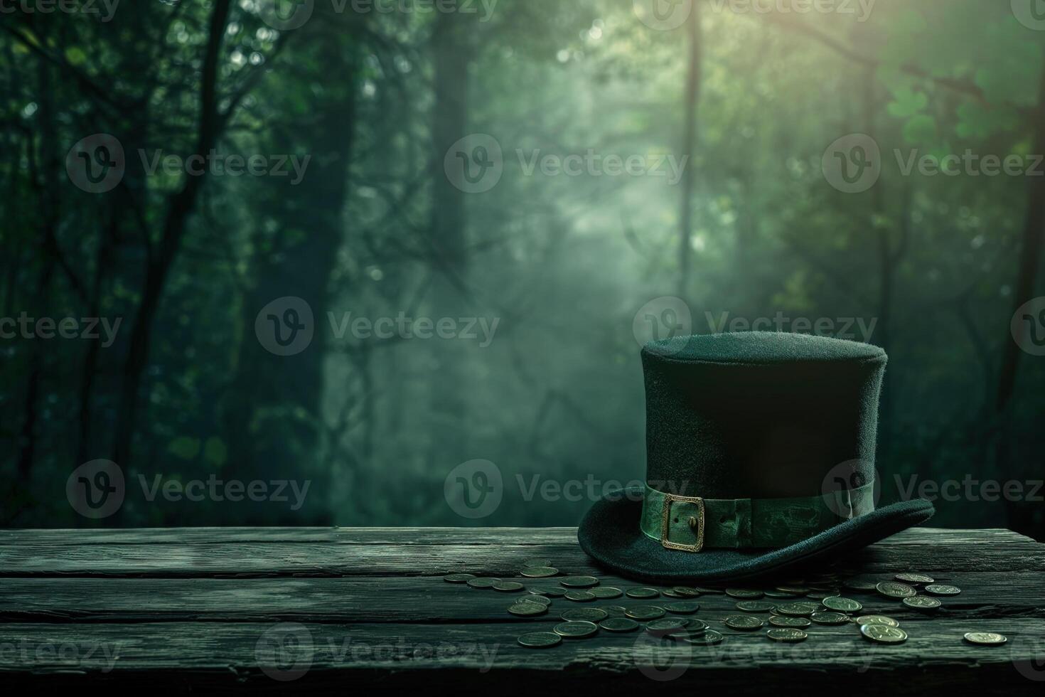 ai gerado verde Leprechauns chapéu em madeira mesa dentro Sombrio tons foto