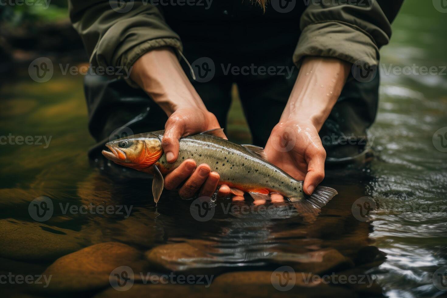 ai gerado animado pessoa às rio segurando apanhado peixe. gerar ai foto