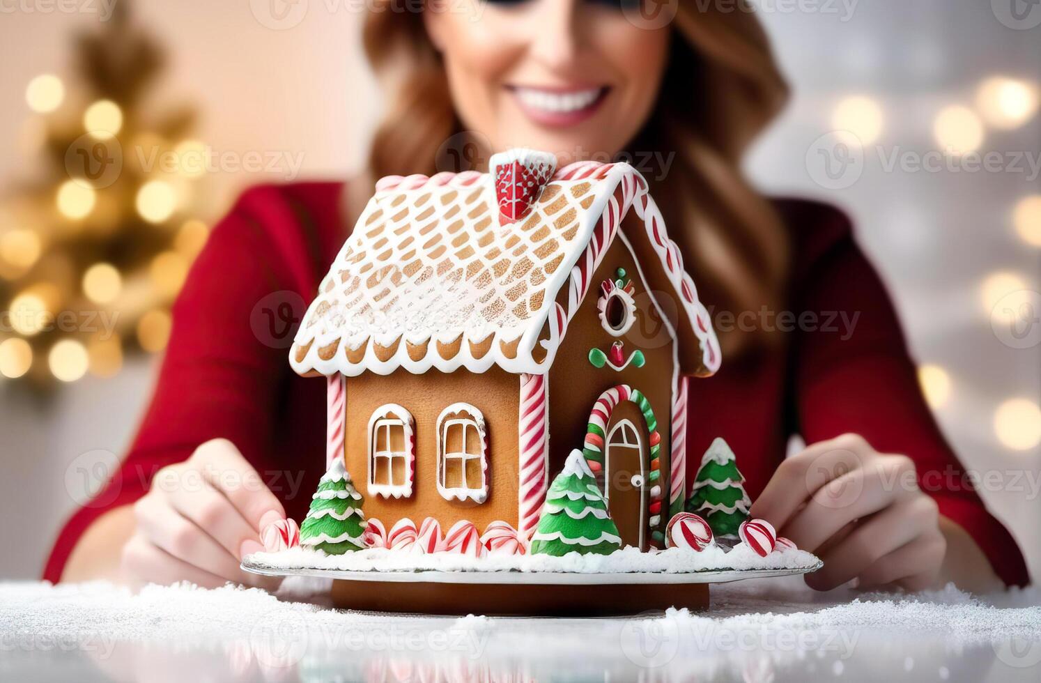 ai gerado menina dentro uma vermelho suéter decora uma Pão de gengibre casa com glacê, creme e doces enquanto sentado às a mesa. confeitaria, Pão de gengibre casa dia, Natal, Novo ano foto