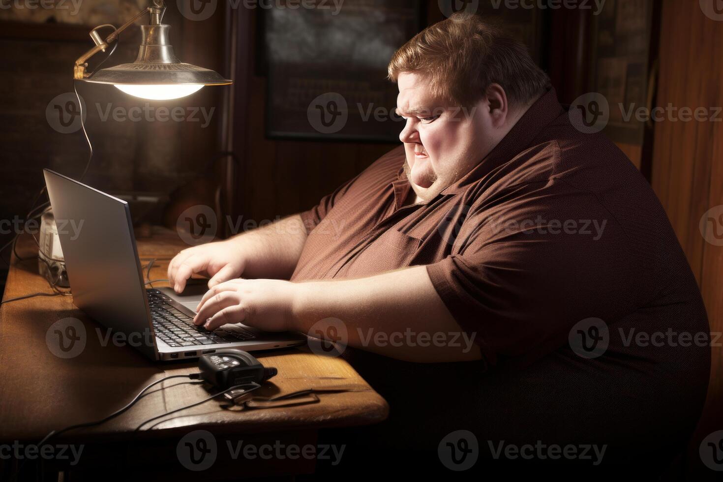 ai gerado gordo homem computador trabalhar. gerar ai foto