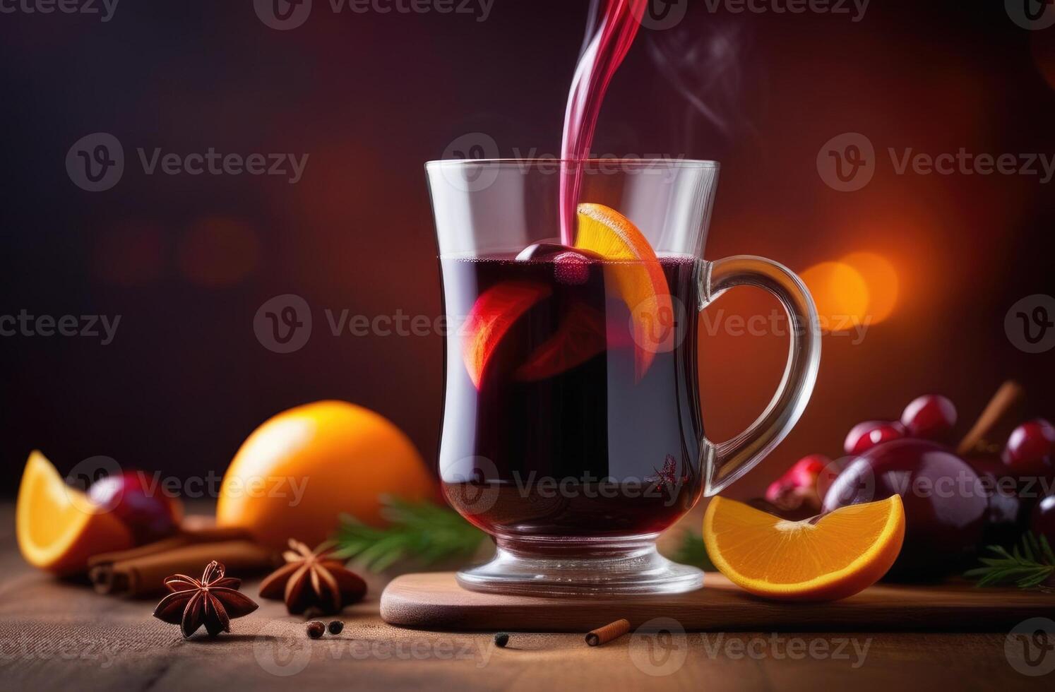 ai gerado Natal tradicional bebida, quente alcoólico ponderado vinho, inverno beber com laranja, canela e especiarias, vidro do não alcoólico ponderado vinho, Sombrio fundo foto