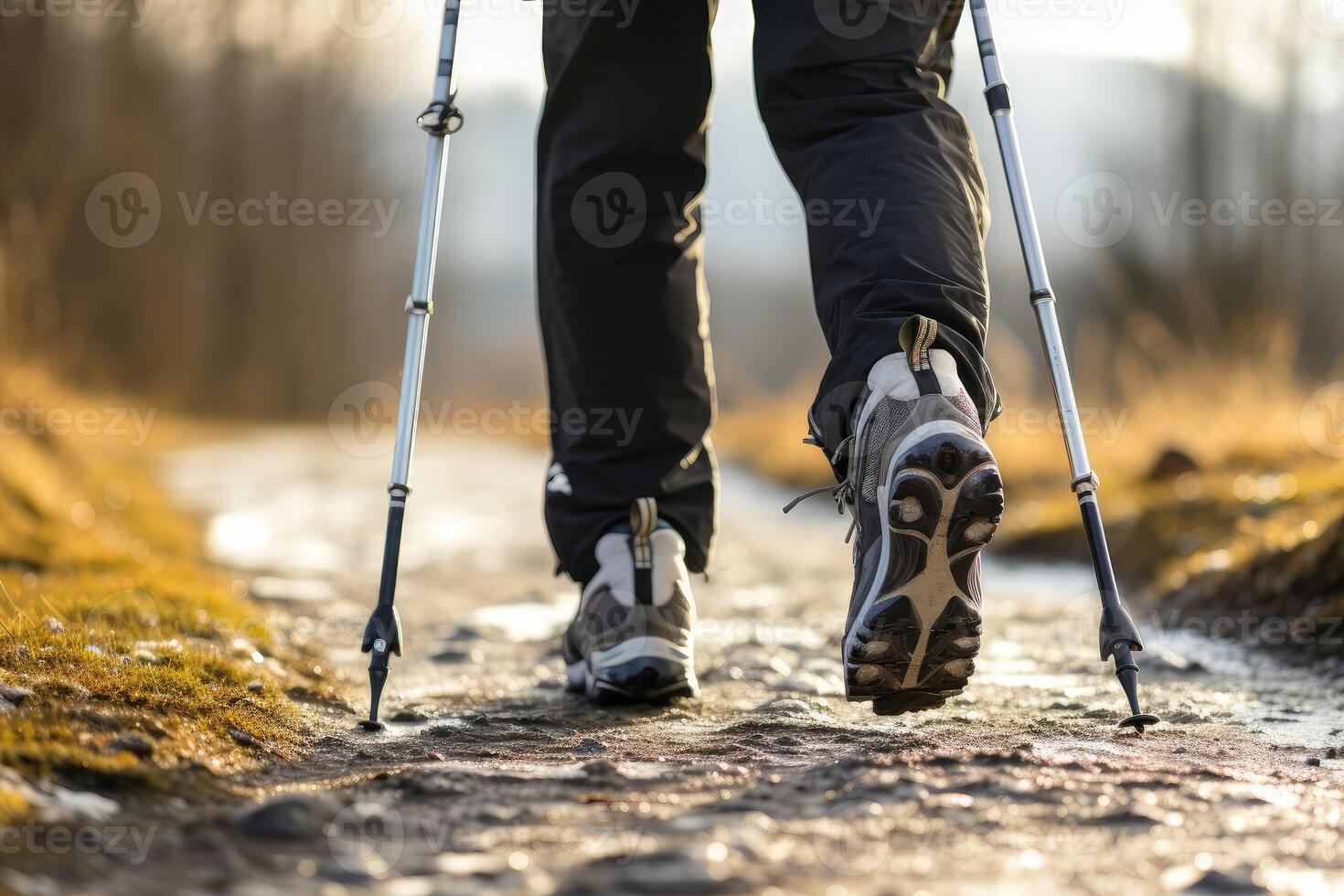 ai gerado em forma homem praticando nórdico caminhando com postes ar livre. gerar ai foto