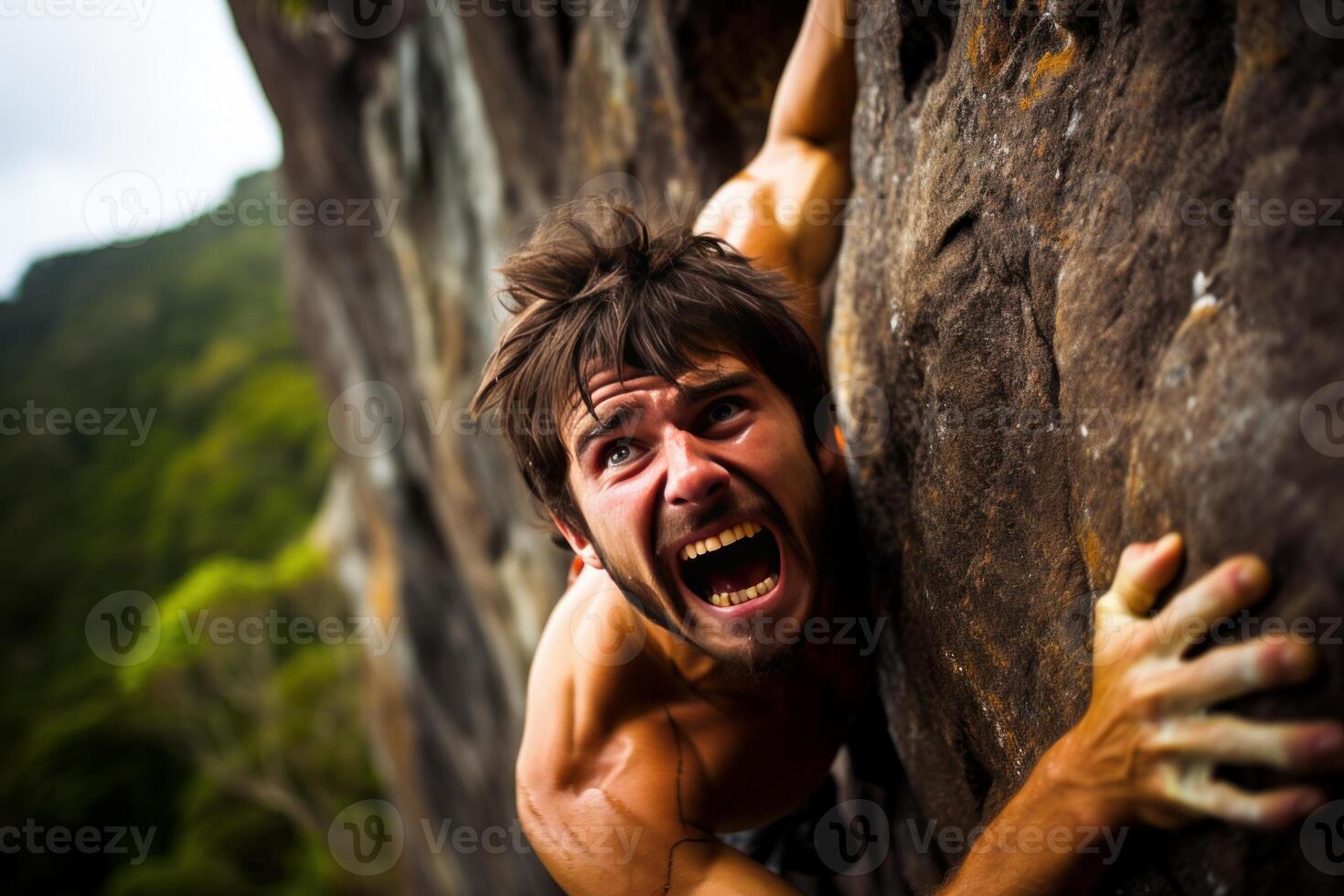 ai gerado jovem homem Rocha escalada muro. gerar ai foto