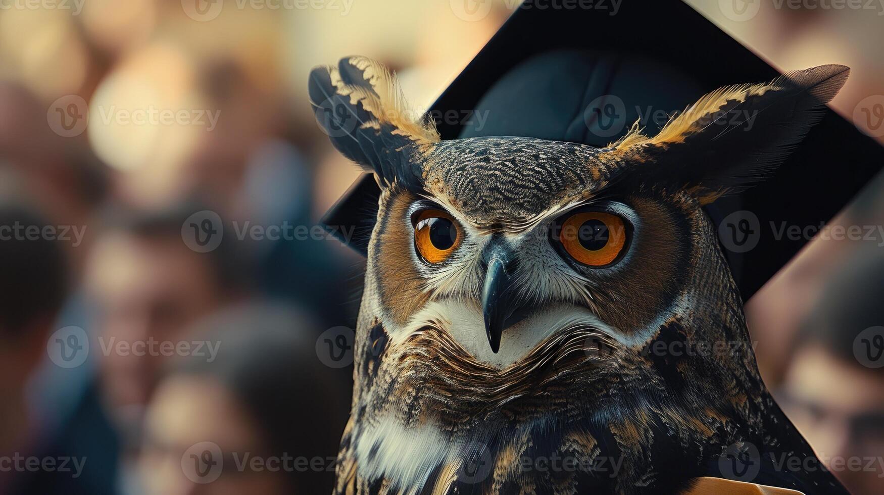 ai gerado uma majestoso coruja adornado dentro uma graduação vestido e capelo, exalando erudito elegância e equilíbrio Como isto participa dentro uma solene universidade cerimônia. foto