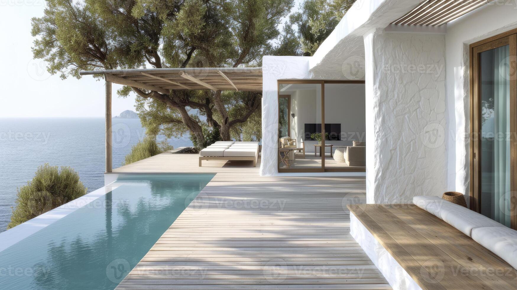 ai gerado ilha casa com uma minimalista arquitetônico estilo, uma madeira área coberta com a infinidade piscina, ripado madeira pérgola, a elegante simplicidade e natural charme do a residência. foto