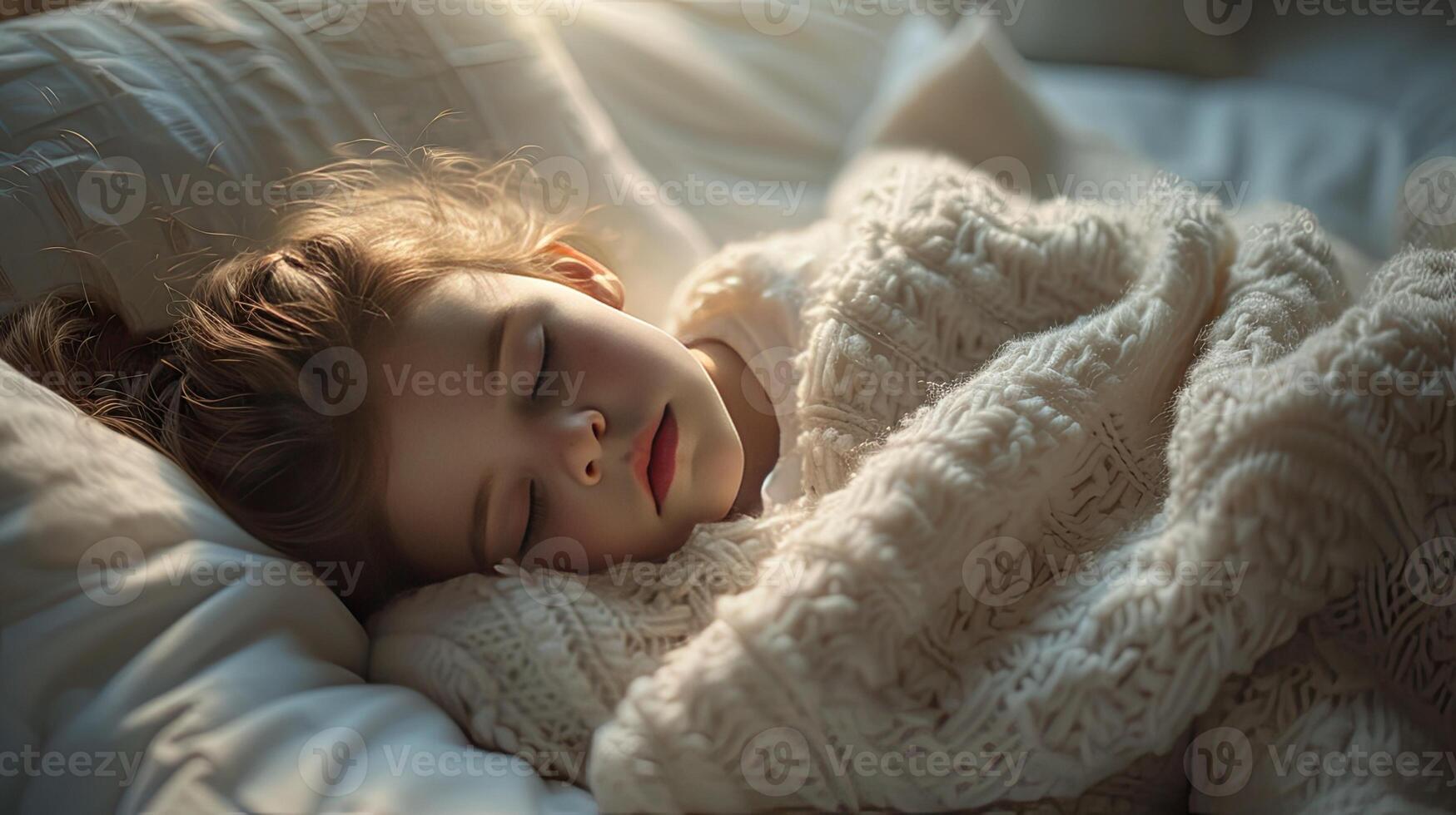 ai gerado uma pequeno menina Como ela dorme profundamente dentro cama, aninhado debaixo uma pelúcia, macio, texturizado cobertor este envolve dela dentro calor e conforto, criando uma sereno e acolhedor atmosfera. foto