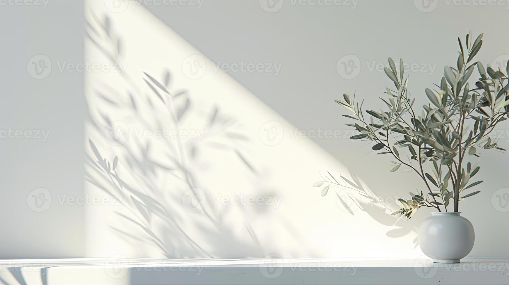 ai gerado uma em branco cumprimento cartão brincar apresentando Oliva árvore galhos delicadamente arranjado em uma branco mesa fundo, perfeito para Casamento convites. foto