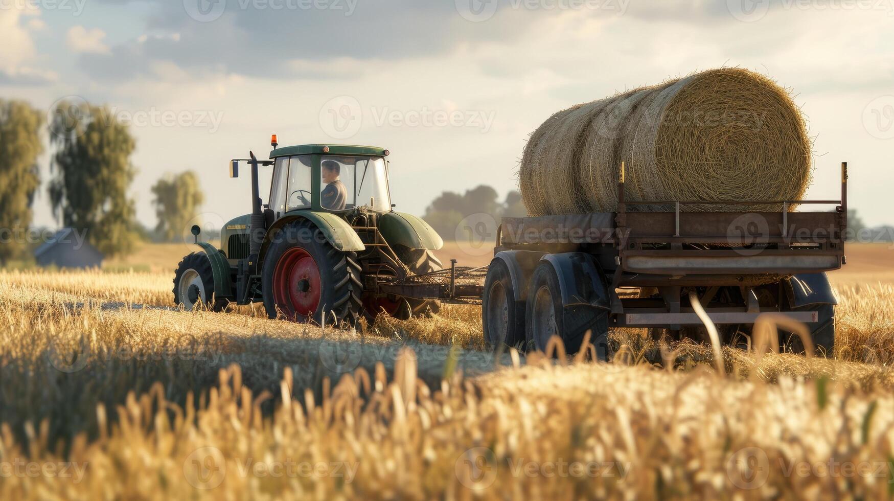 ai gerado uma agricultor operativo uma trator para carga volta feno fardos para uma reboque, exibindo a agrícola processo do colheita e transportando Palha fardos com autêntico realismo e detalhe. foto