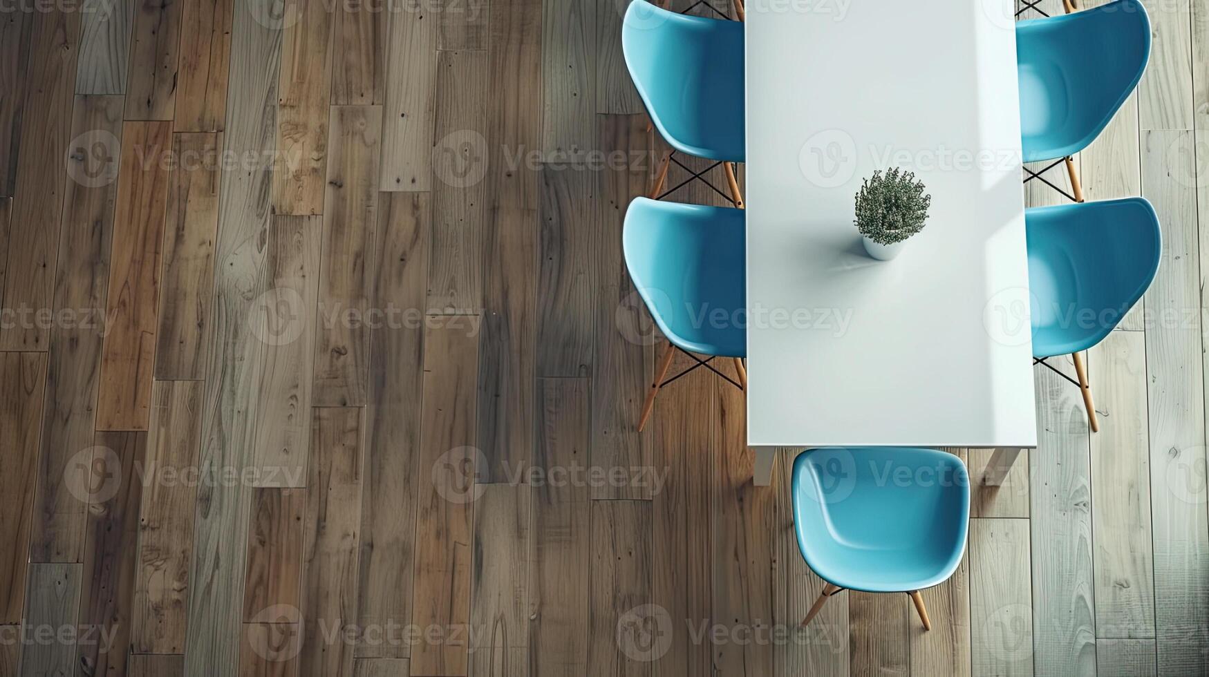 ai gerado uma noz preta chão encontro uma branco ilha mesa, acentuado de lustroso azul cadeiras, com luz Castanho e cinzento cerâmica ao lado variando madeira texturas. foto