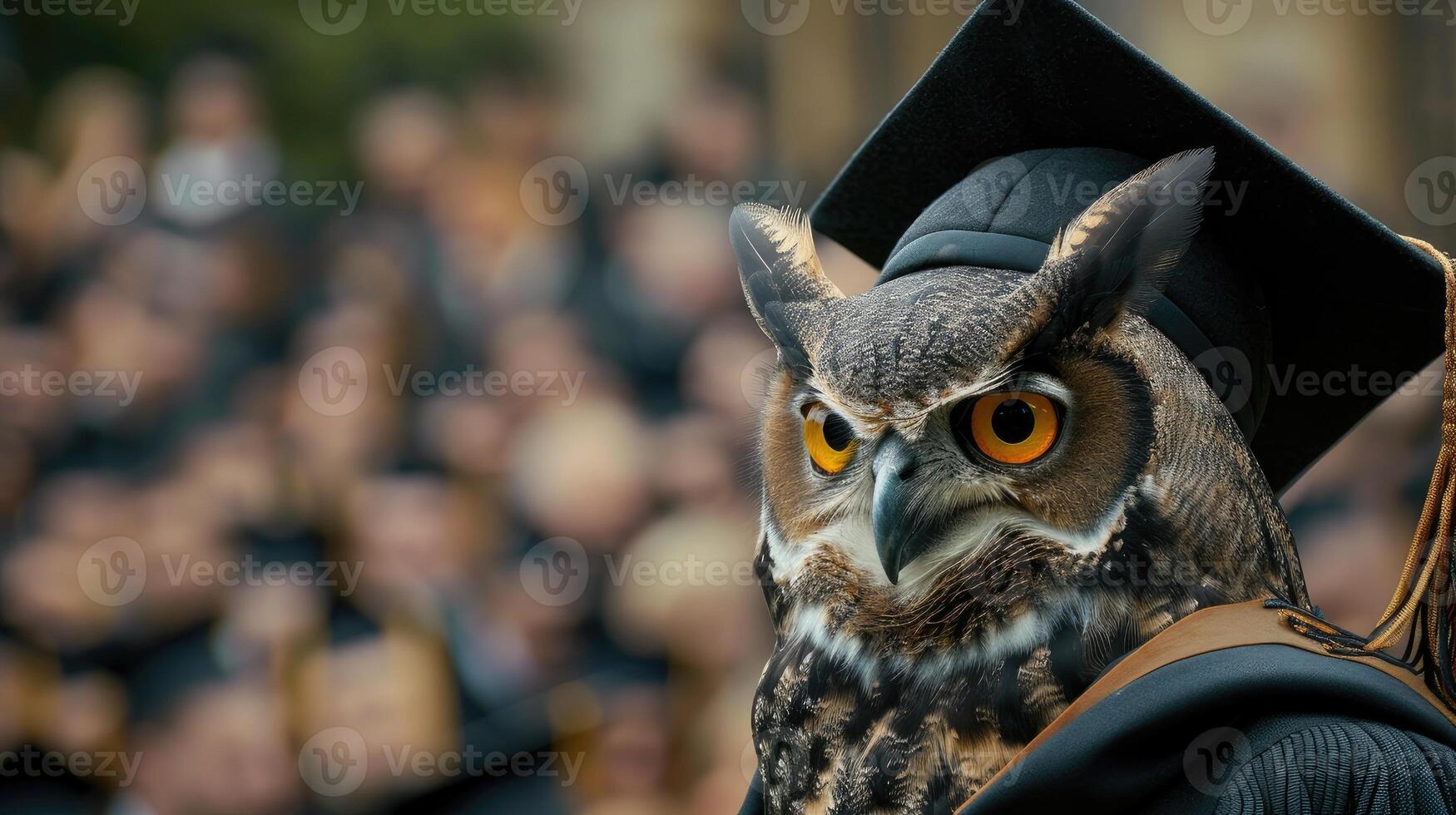 ai gerado uma majestoso coruja adornado dentro uma graduação vestido e capelo, exalando erudito elegância e equilíbrio Como isto participa dentro uma solene universidade cerimônia. foto