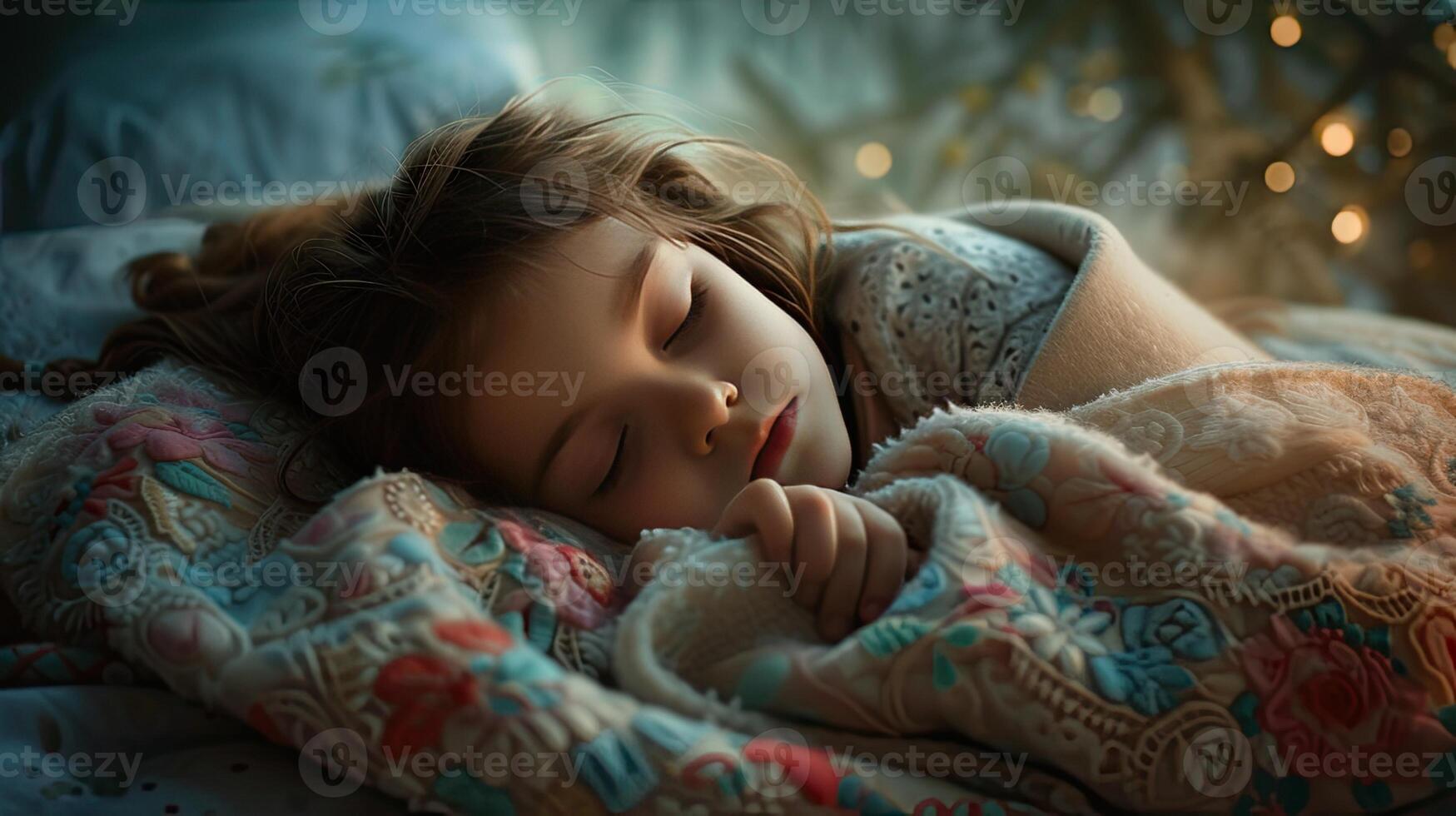 ai gerado uma pequeno menina Como ela dorme profundamente dentro cama, aninhado debaixo uma pelúcia, macio, texturizado cobertor este envolve dela dentro calor e conforto, criando uma sereno e acolhedor atmosfera. foto