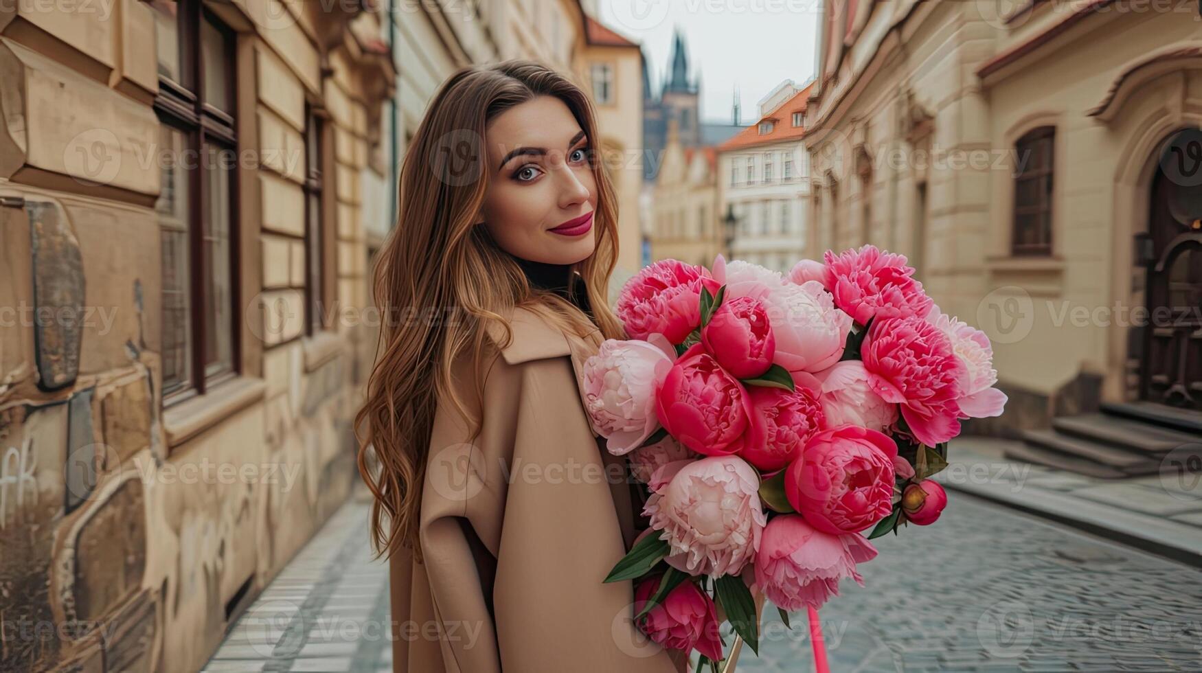 ai gerado uma 35 anos mulher, dela face iluminado de uma brilhante sorrir Como ela graciosamente detém uma ampla ramalhete do peônias, dela alta estatura e elegante casaco adicionando para a fascinar do a cena. foto