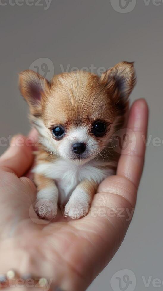 ai gerado uma mini cachorro aninhado dentro a Palma do seu mão, exibindo a minúsculo criaturas cativante características e delicado Tamanho dentro uma comovente fechar-se. foto