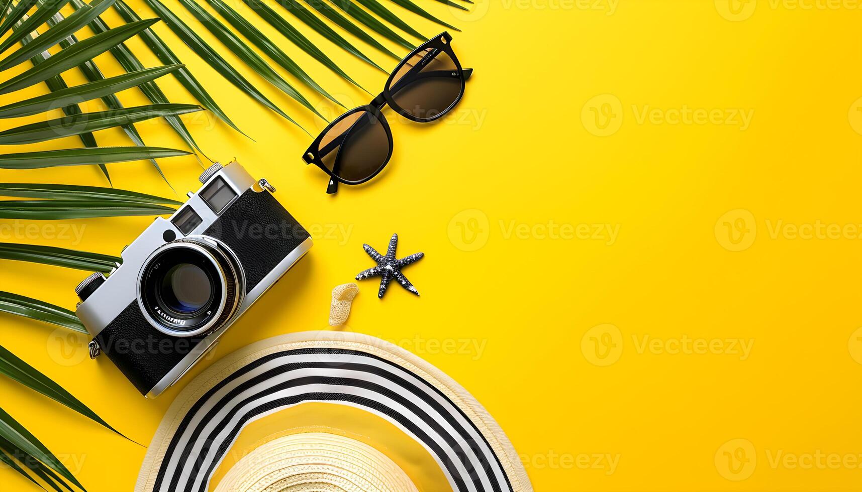 ai gerado verão férias, de praia acessórios em a amarelo fundo foto