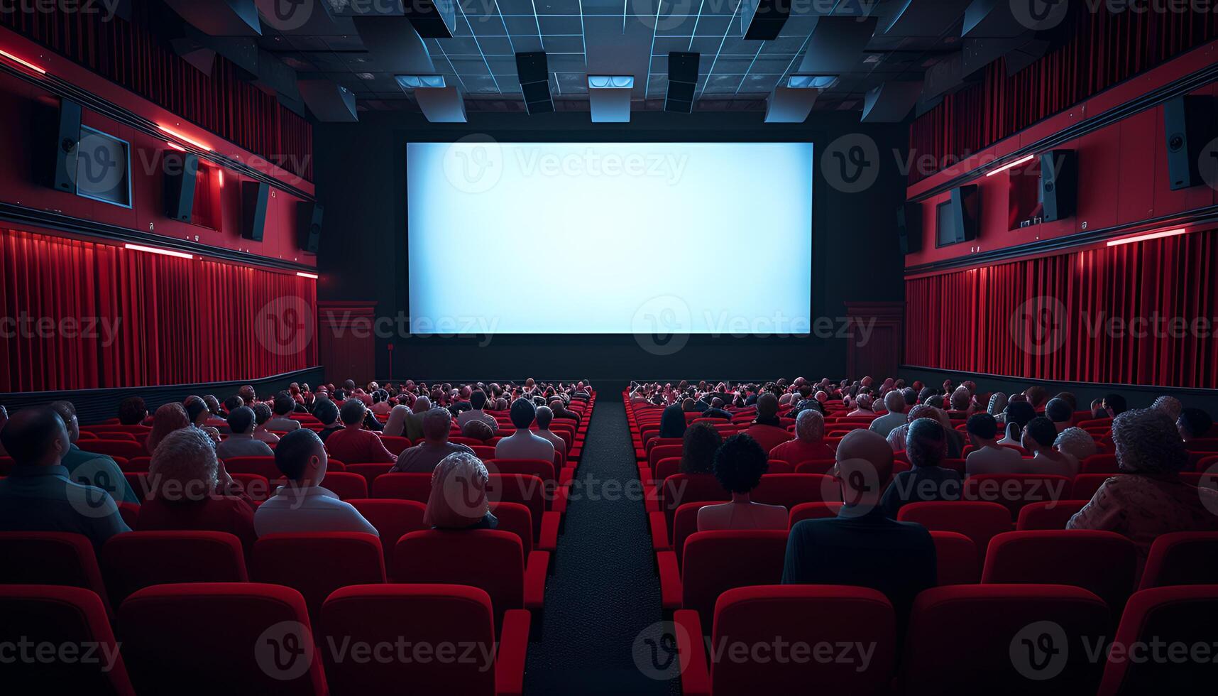 ai gerado cinema em branco Largo tela dentro a cinema corredor foto