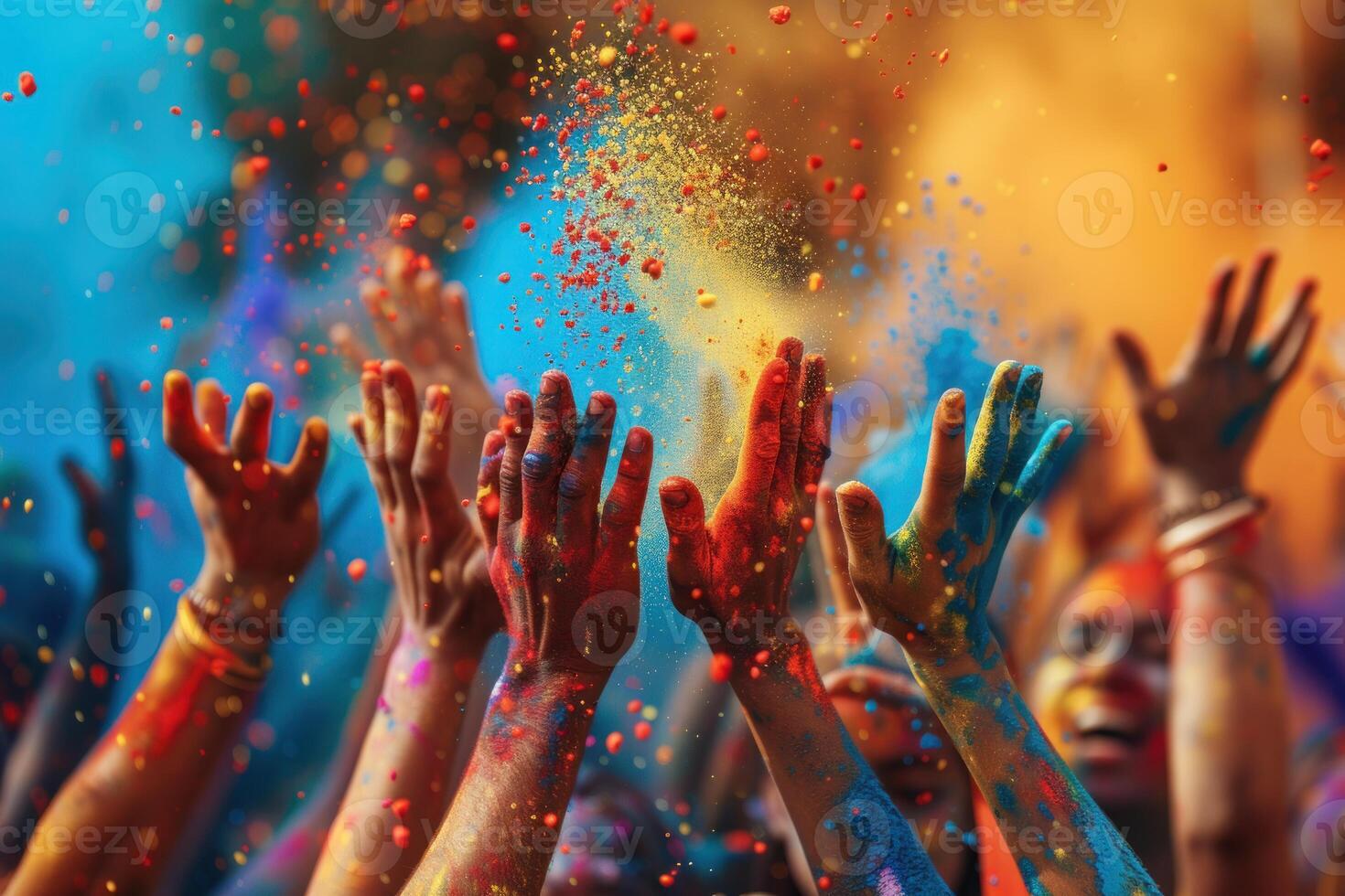 ai gerado exuberante holi celebração com colorida pó dentro ar. alegre mãos jogando vibrante holi pó em direção ao céu, criando uma dinâmico e colorida celebração atmosfera. foto