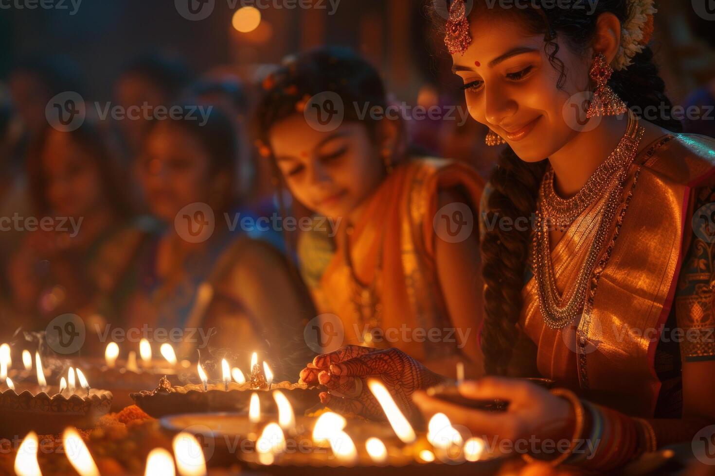 ai gerado devoto mulher Rezar no meio diwali dia. jovem mulher dentro tradicional vestuário Rezar com guardada mãos, cercado de aceso diwali terreno lâmpadas. foto