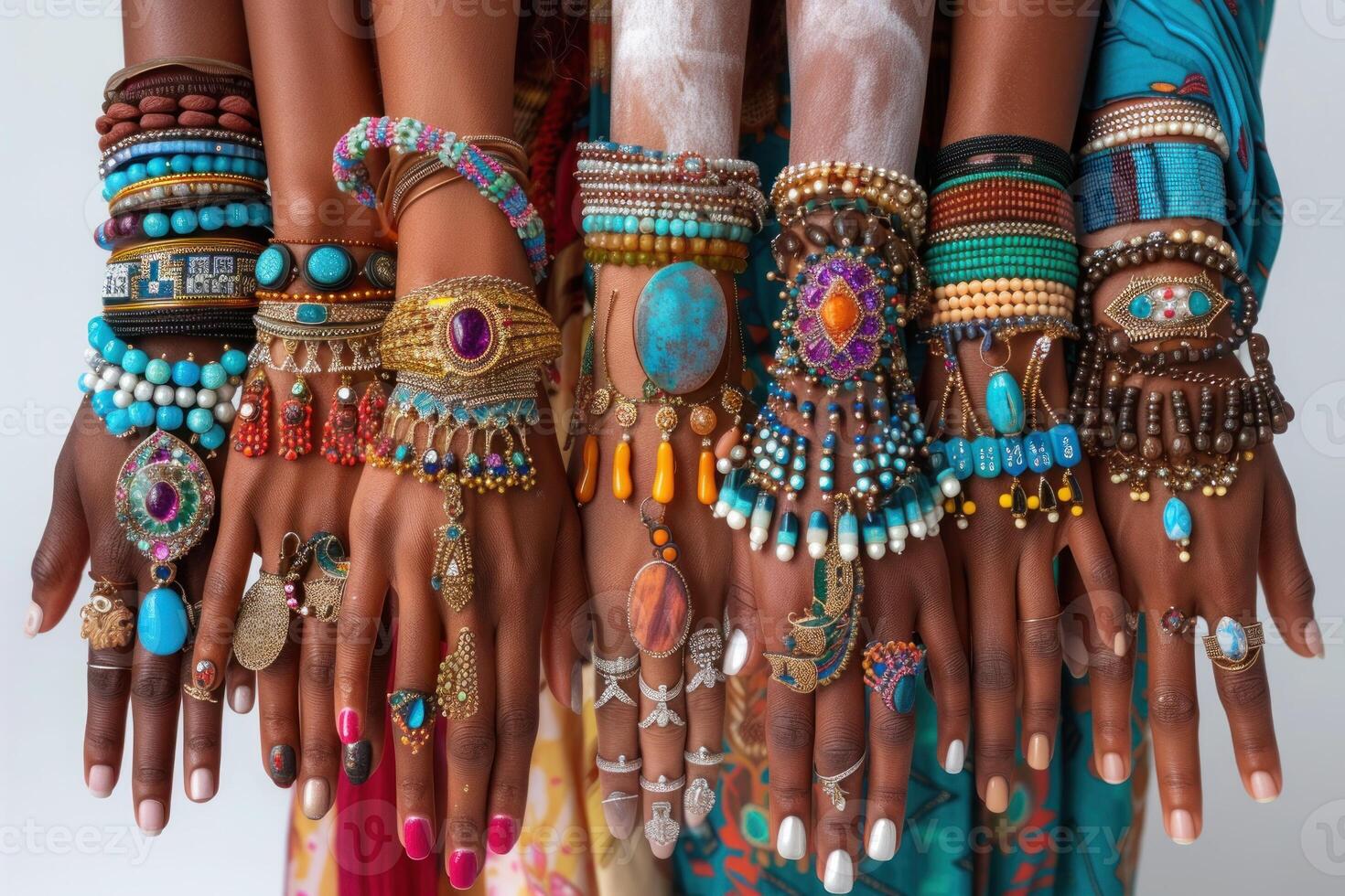 ai gerado vibrante mãos exibindo tradicional indiano joia. uma vibrante fechar-se do diverso mãos adornado com colorida pulseiras e argolas, simbolizando unidade e cultural beleza. foto