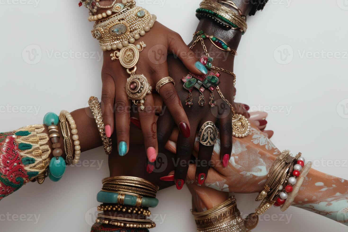 ai gerado vibrante mãos exibindo tradicional indiano joia. uma vibrante fechar-se do diverso mãos adornado com colorida pulseiras e argolas, simbolizando unidade e cultural beleza. foto