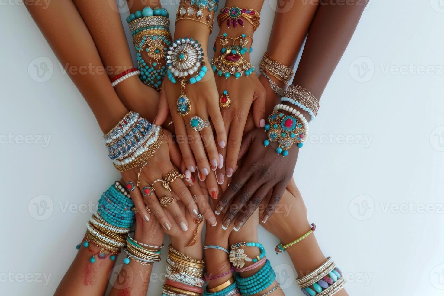 ai gerado vibrante mãos exibindo tradicional indiano joia. uma vibrante fechar-se do diverso mãos adornado com colorida pulseiras e argolas, simbolizando unidade e cultural beleza. foto