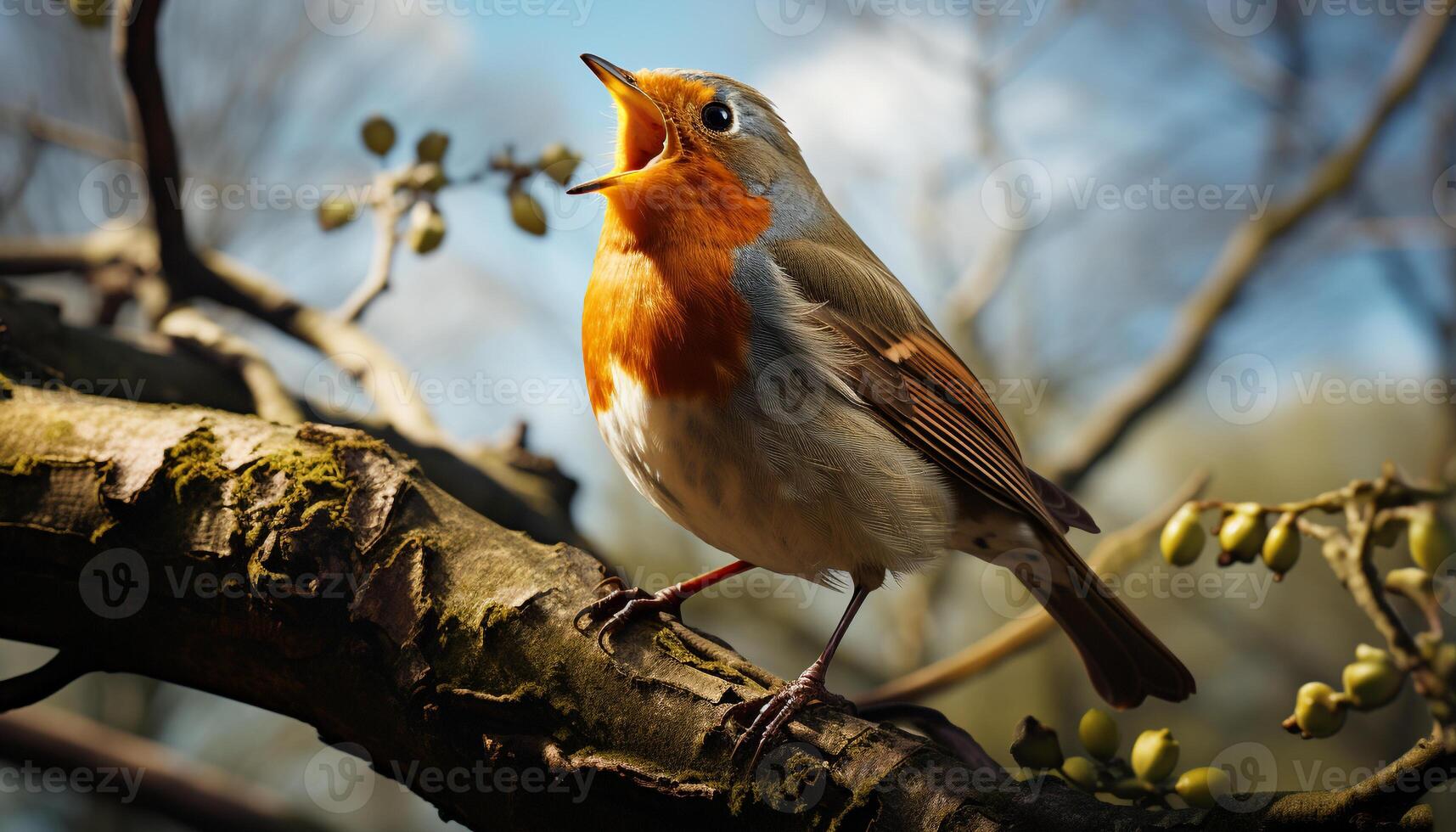 ai gerado uma fofa pássaro empoleirar-se em uma filial, cantando dentro natureza gerado de ai foto