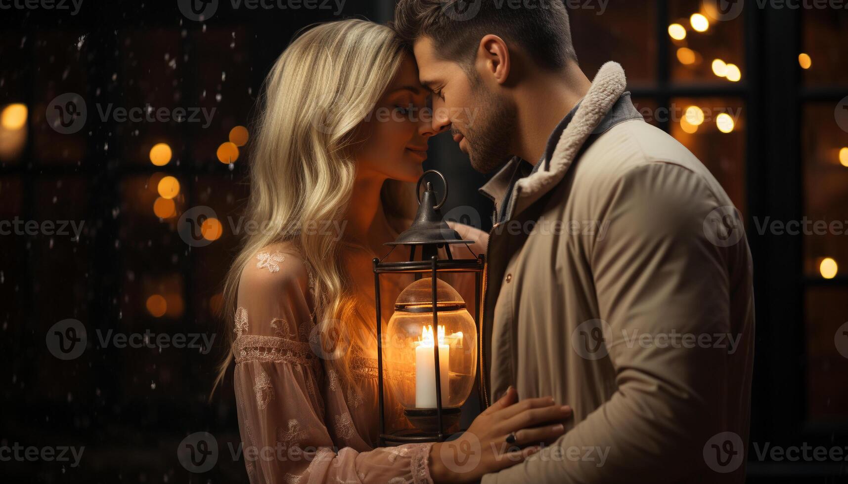 ai gerado jovem casal abraçando ao ar livre, desfrutando inverno noite, iluminado de lanterna gerado de ai foto