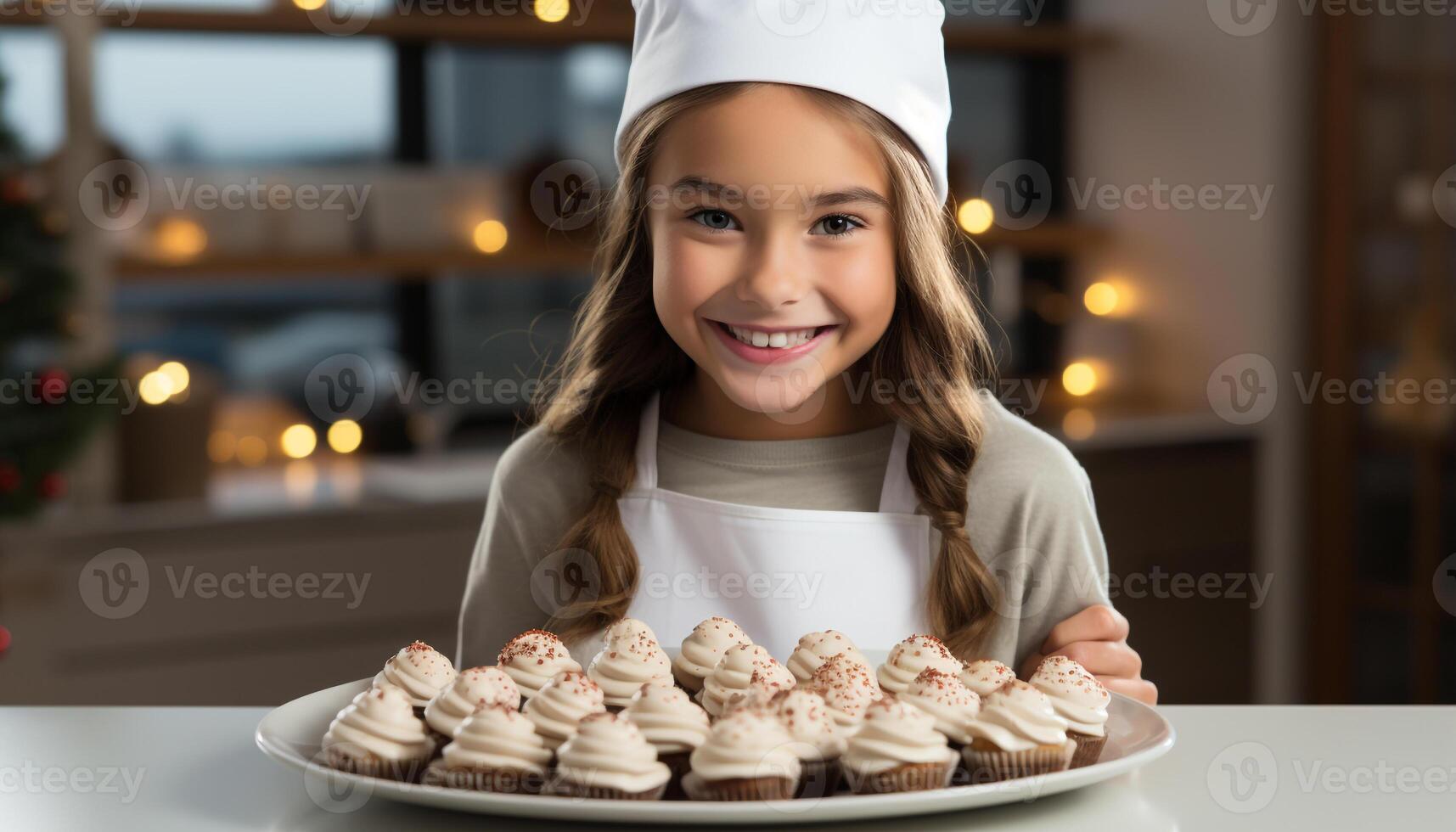 ai gerado uma bonitinho, alegre menina cozimento caseiro biscoitos dentro a cozinha gerado de ai foto