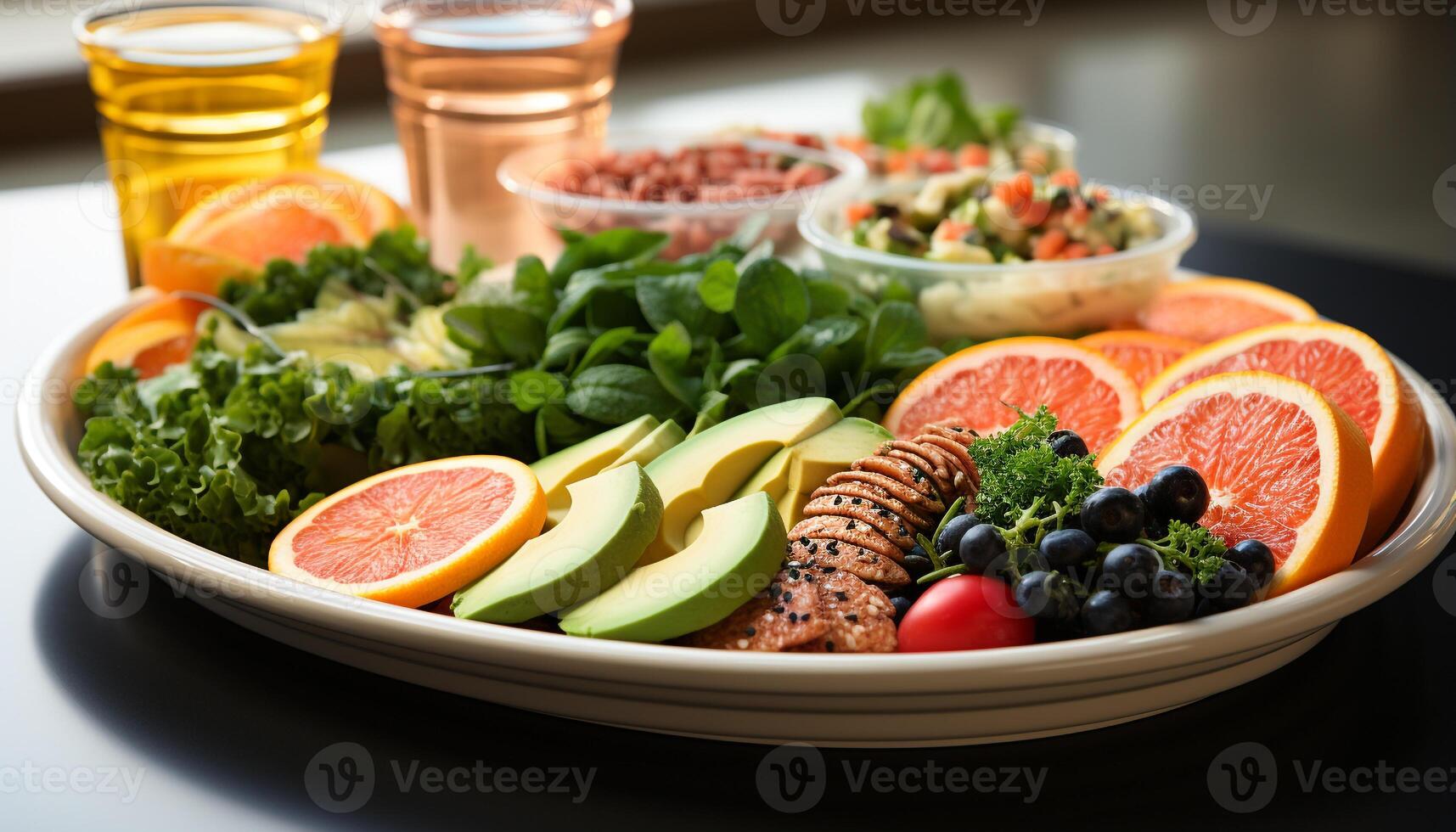 ai gerado saudável comendo fresco salada, vegetal e fruta refeição em prato gerado de ai foto
