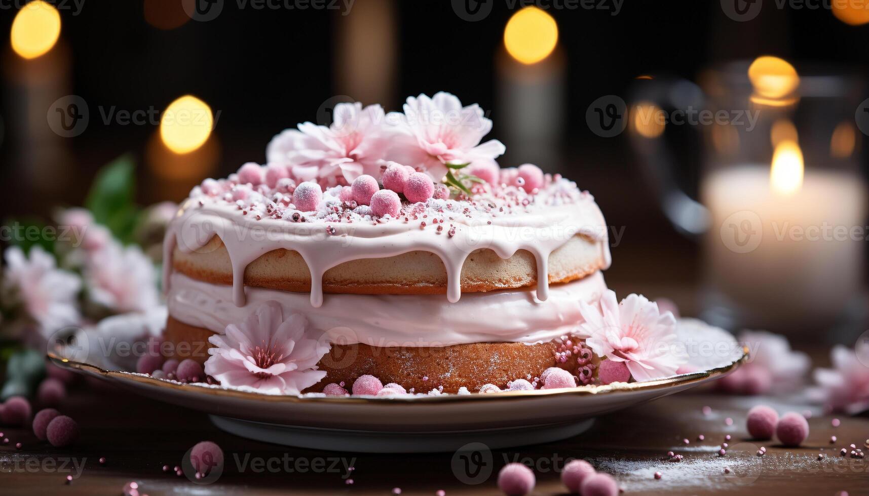 ai gerado caseiro aniversário bolo com morango glacê, fresco flores decoração gerado de ai foto