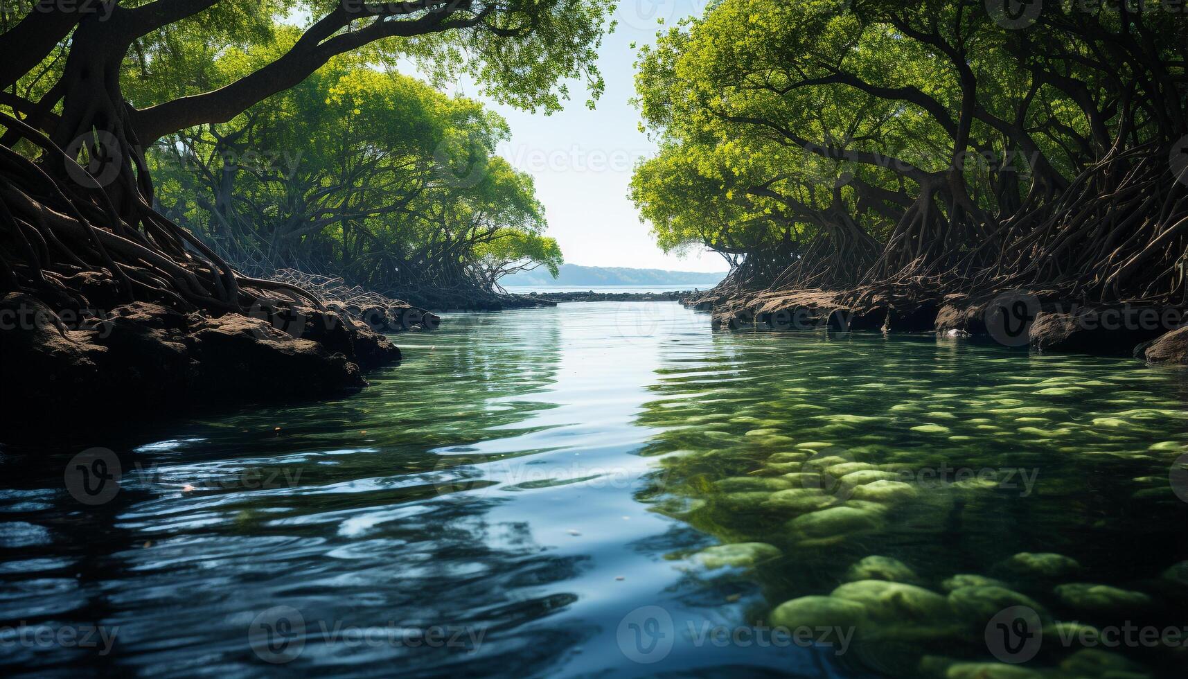 ai gerado tranquilo cena verde árvore reflete dentro azul água gerado de ai foto