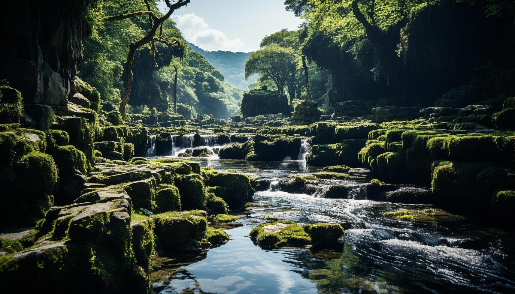 ai gerado tranquilo cena fluindo água, verde árvores, rochoso montanha, pôr do sol beleza gerado de ai foto