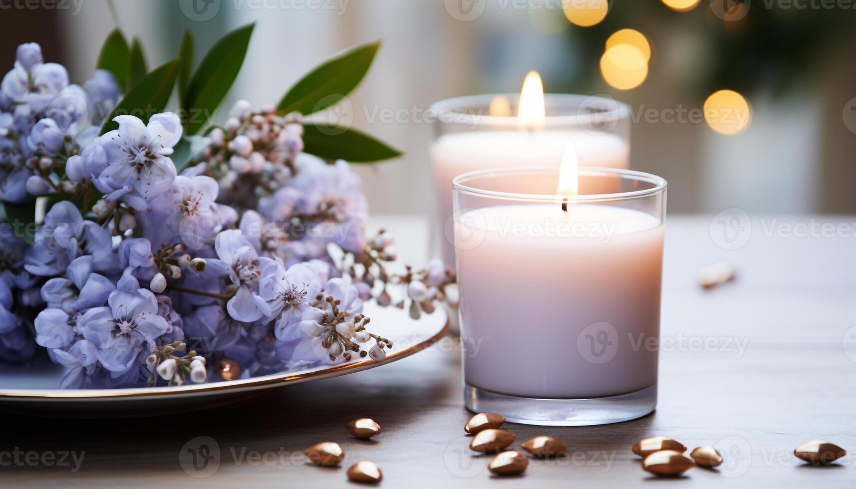 ai gerado frescor e relaxamento dentro natureza luz de velas, uma mesa decoração gerado de ai foto