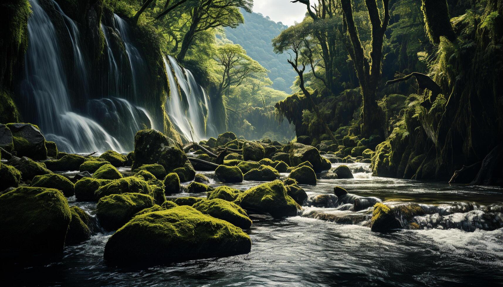 ai gerado tranquilo cena fluindo água, verde floresta, majestoso montanhas, natureza beleza gerado de ai foto