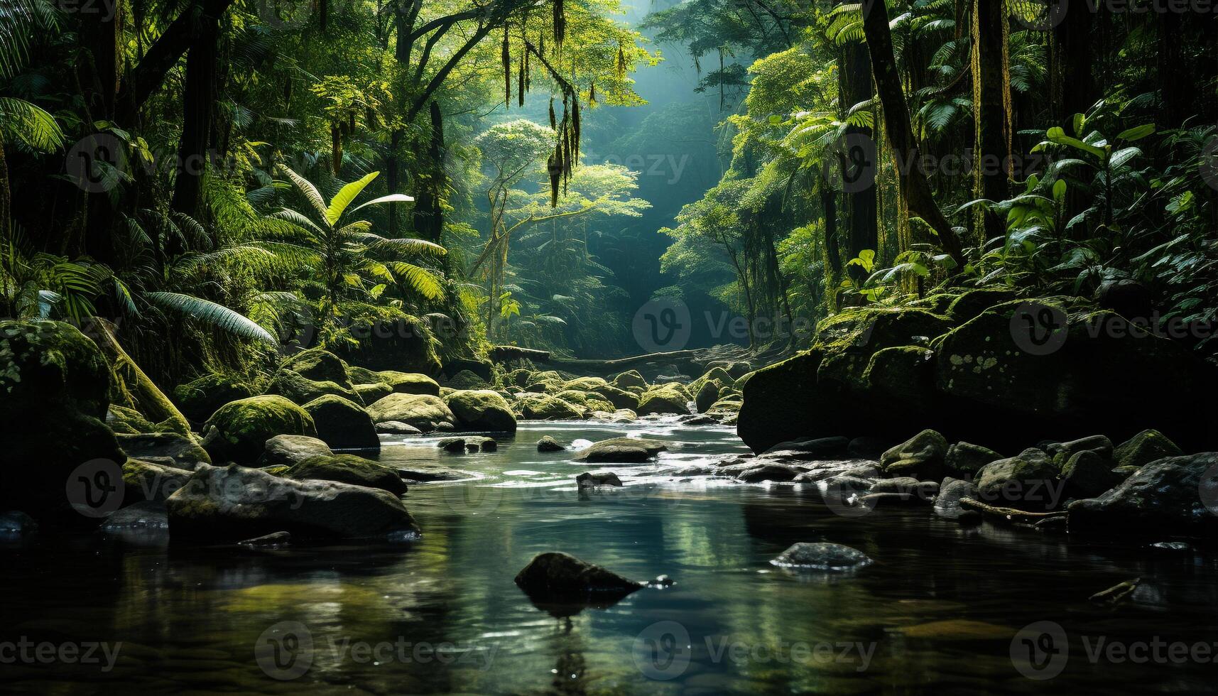 ai gerado tranquilo cena tropical floresta tropical, fluindo água, verde cor, animais selvagens gerado de ai foto