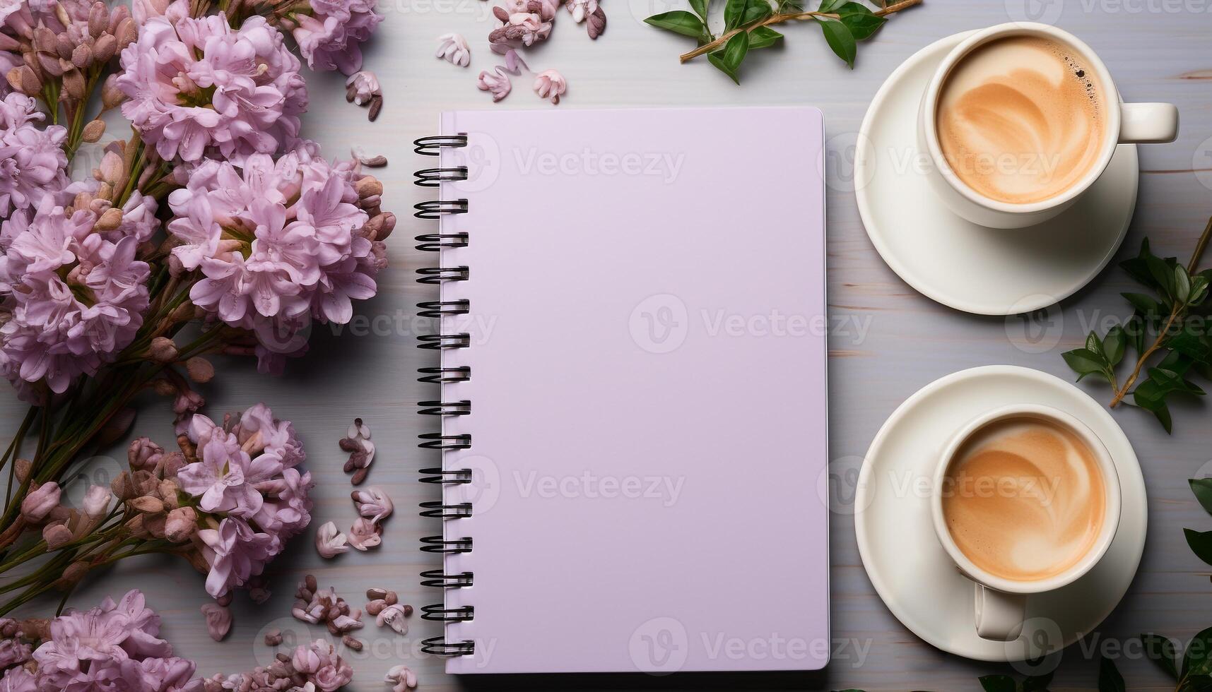 ai gerado café copo em de madeira escrivaninha com flor e em branco papel gerado de ai foto