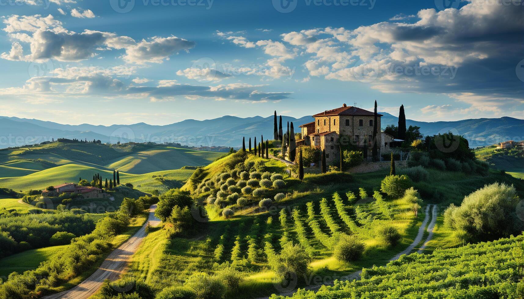 ai gerado idílico italiano casa de fazenda dentro rolando verde Prado às pôr do sol gerado de ai foto