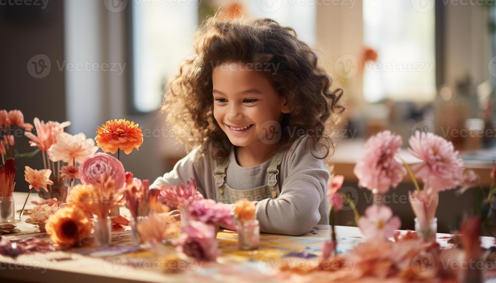 ai gerado sorridente menina goza pintura, criatividade floresce dentro doméstico cozinha gerado de ai foto