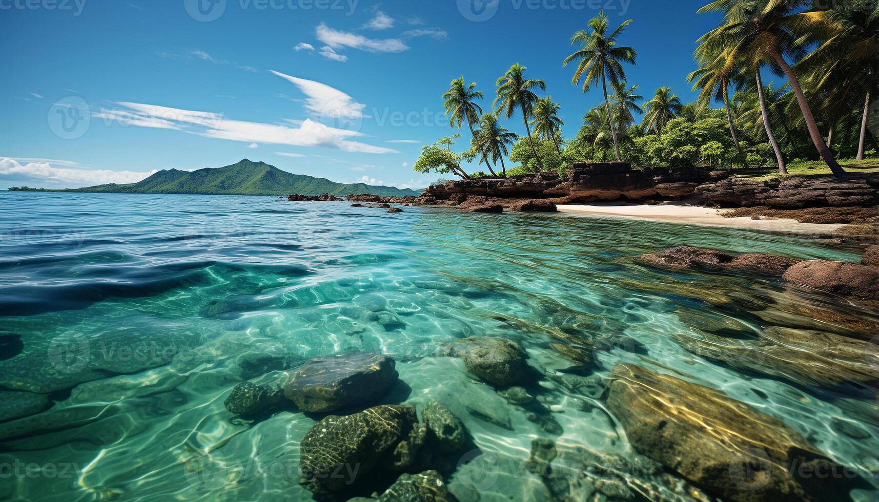 ai gerado tropical paraíso turquesa águas, Palma árvores, e tranquilo relaxamento gerado de ai foto