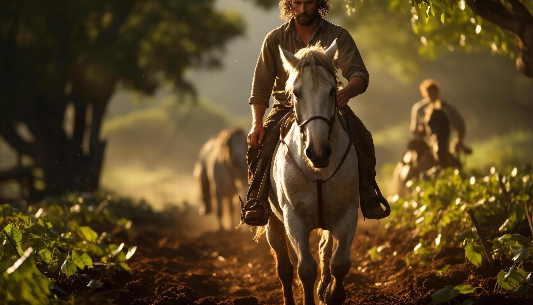 ai gerado homens e mulheres equitação cavalos dentro a lindo campo gerado de ai foto