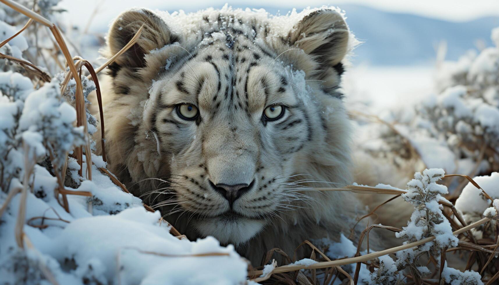 ai gerado majestoso neve leopardo escondido, olhando fixamente, região selvagem beleza dentro natureza gerado de ai foto