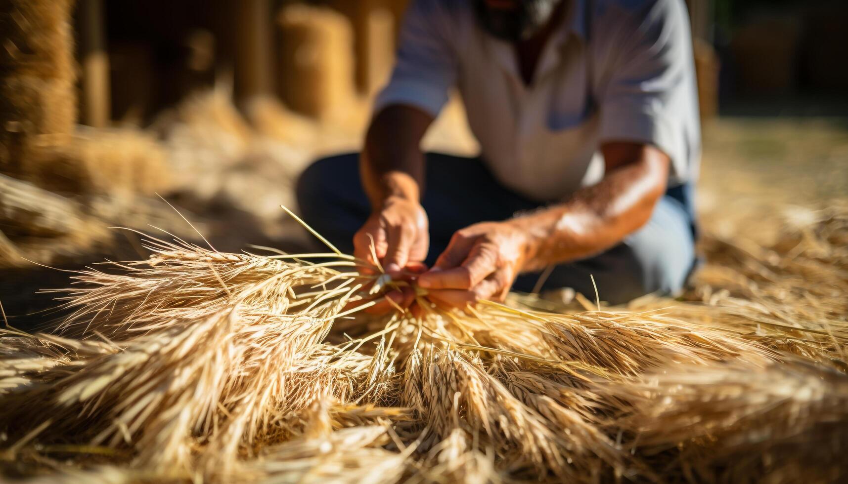 ai gerado 1 agricultor colheita trigo, tocante a maduro, amarelo cereal gerado de ai foto