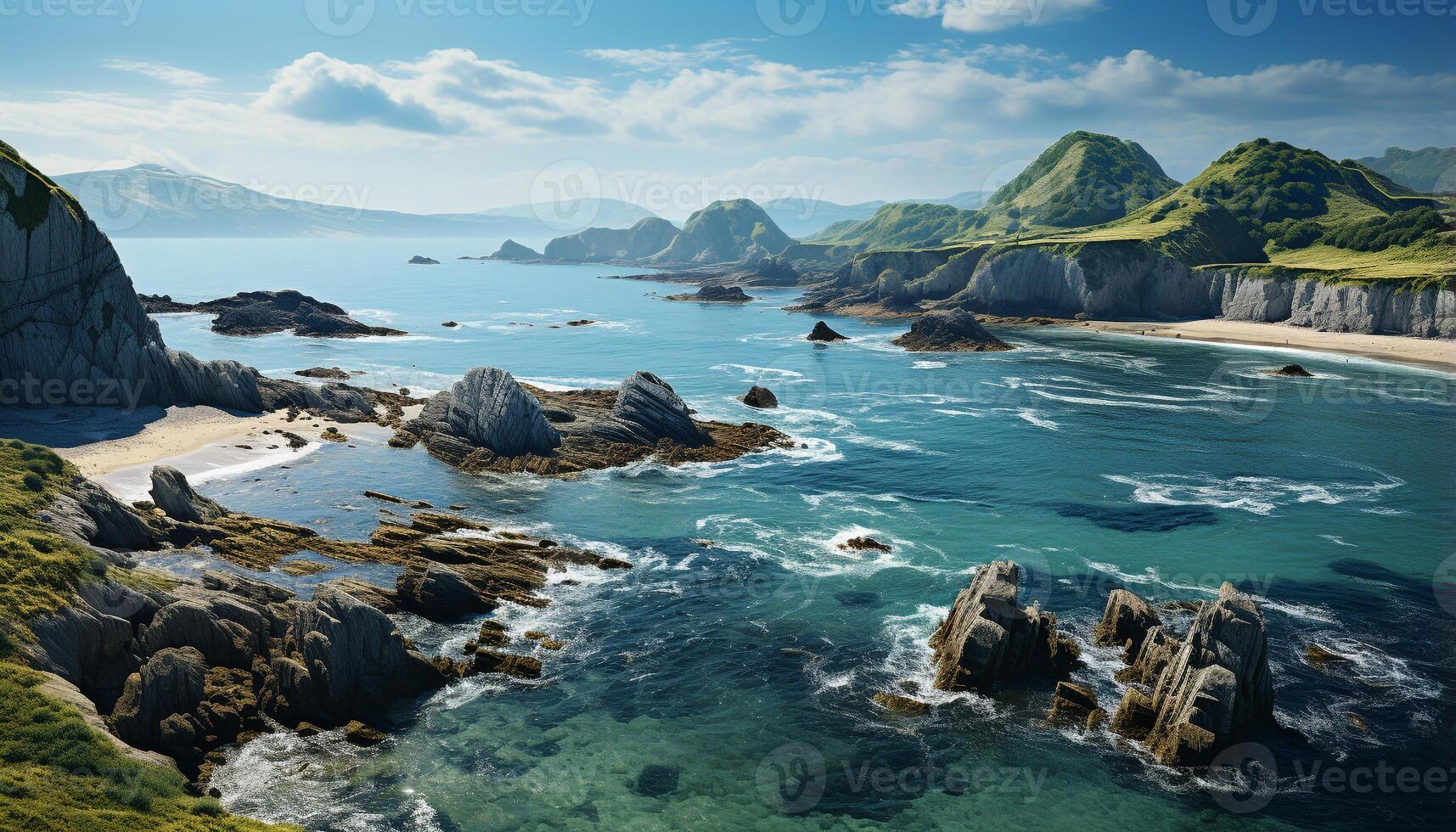 ai gerado majestoso montanha penhasco, azul aceno, tranquilo litoral, controlo remoto beleza gerado de ai foto