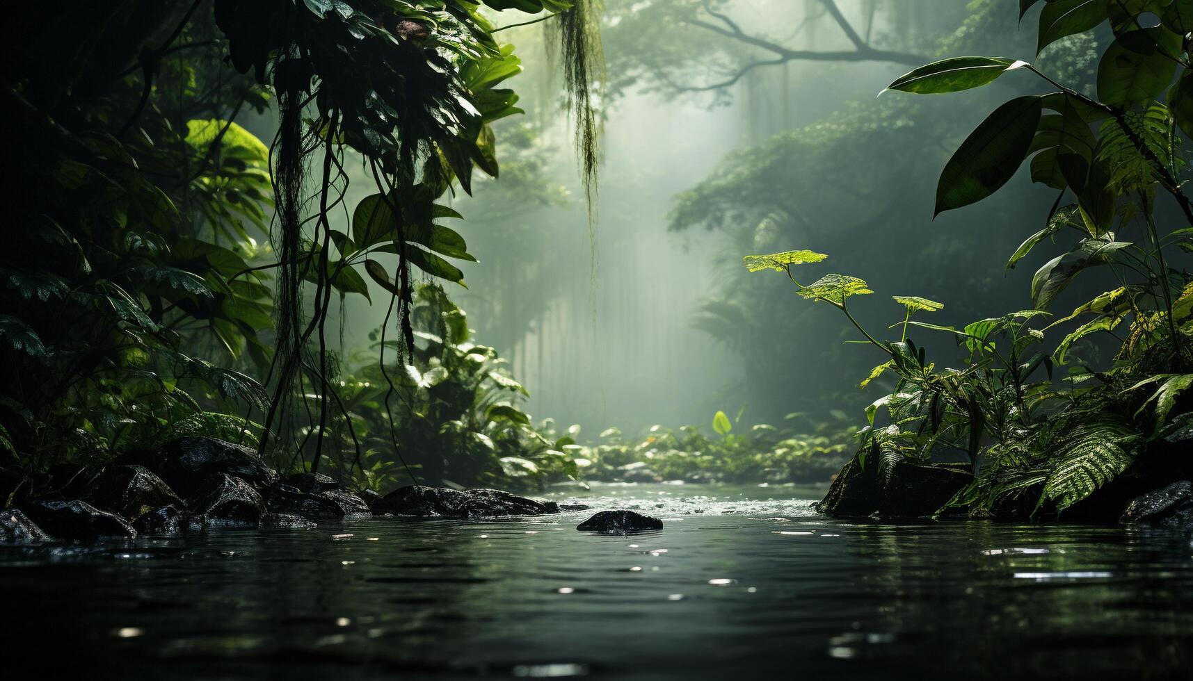 ai gerado tranquilo cena molhado, verde floresta reflete mistério e beleza gerado de ai foto