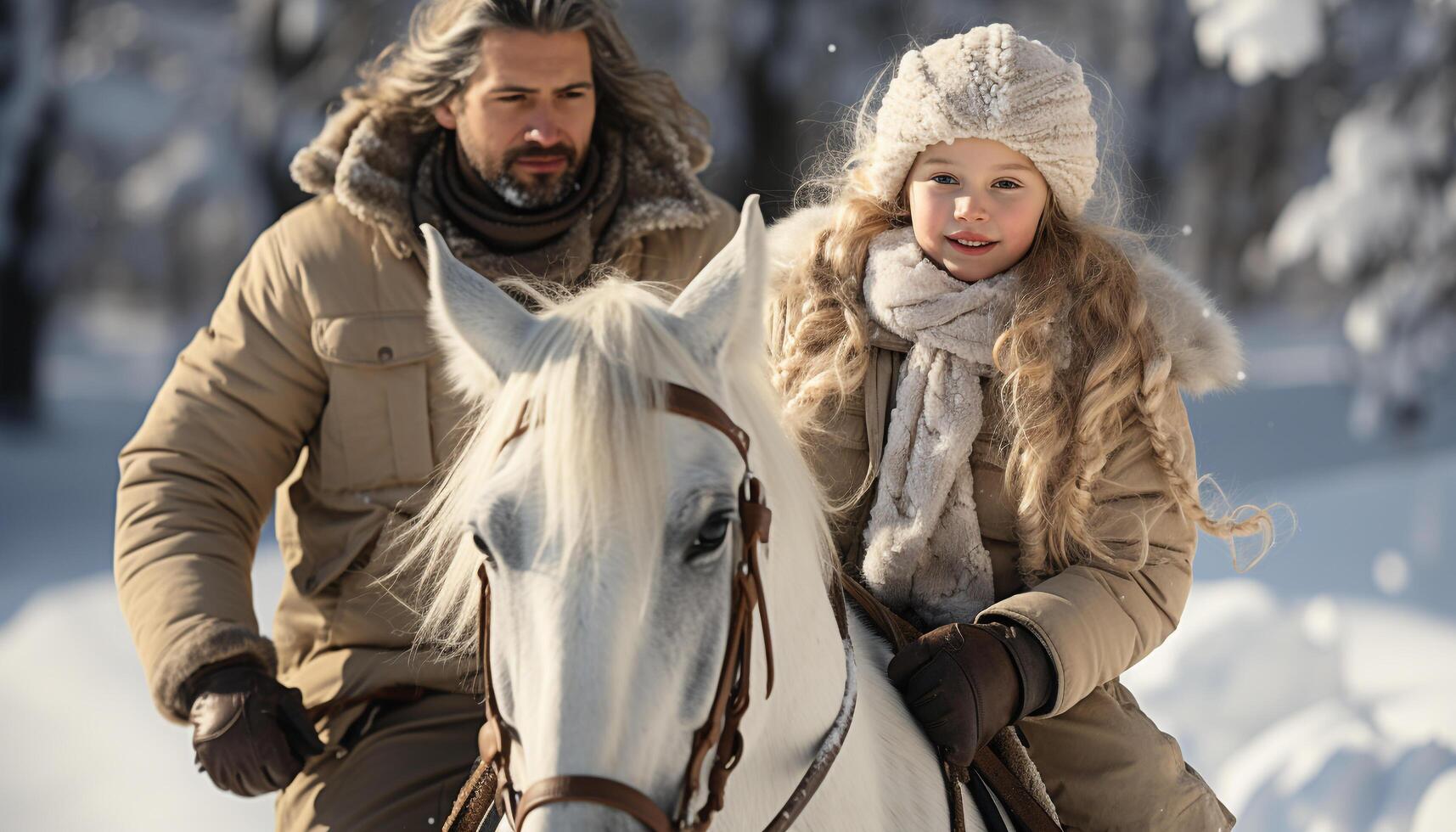 ai gerado família equitação cavalos dentro a neve, sorridente e tendo Diversão gerado de ai foto