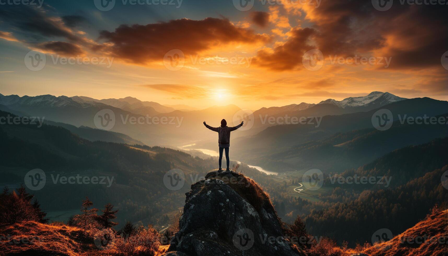 ai gerado 1 pessoa em pé em topo do majestoso montanha pico, braços elevado dentro sucesso gerado de ai foto
