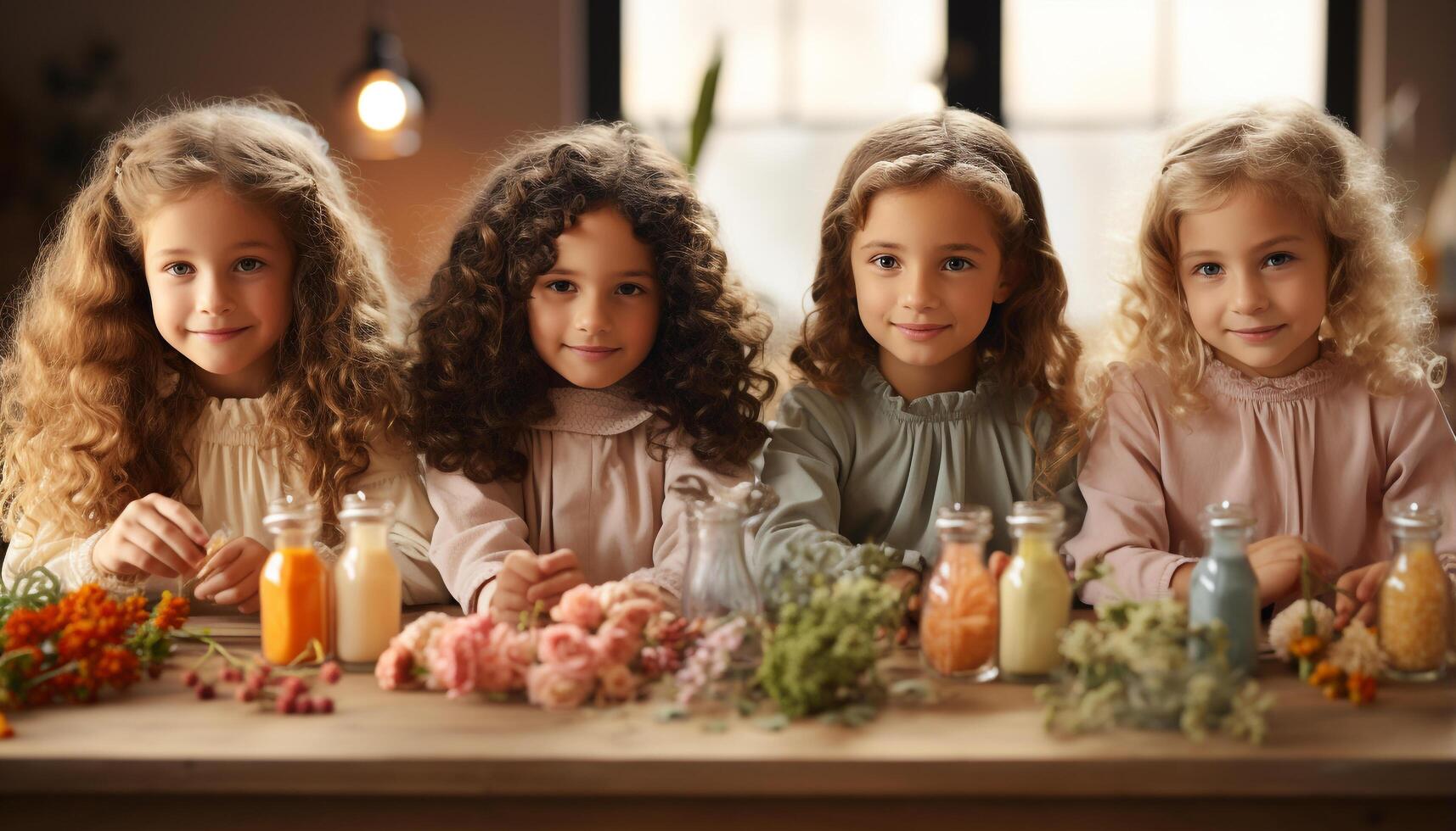 ai gerado sorridente meninas desfrutando dia das Bruxas, cozinhando e jogando dentro cozinha gerado de ai foto